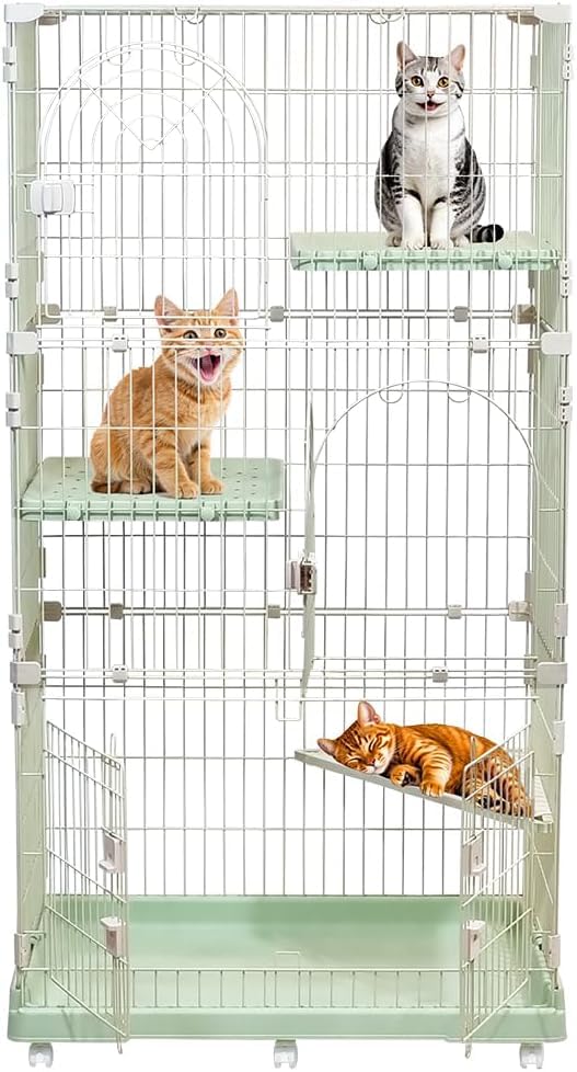 3-Tier Cat Cage with Locking Wheels, Wide Shelves, Multi-Access Door, and Sturdy Metal Wire, 158 cm Cat Playpen for Indoor-Outdoor Use, Durable Pet Crate, Easy to Assemble and Easy to Clean, Green