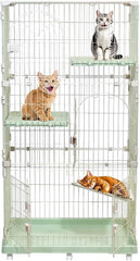 3-Tier Cat Cage with Locking Wheels, Wide Shelves, Multi-Access Door, and Sturdy Metal Wire, 158 cm Cat Playpen for Indoor-Outdoor Use, Durable Pet Crate, Easy to Assemble and Easy to Clean, Green