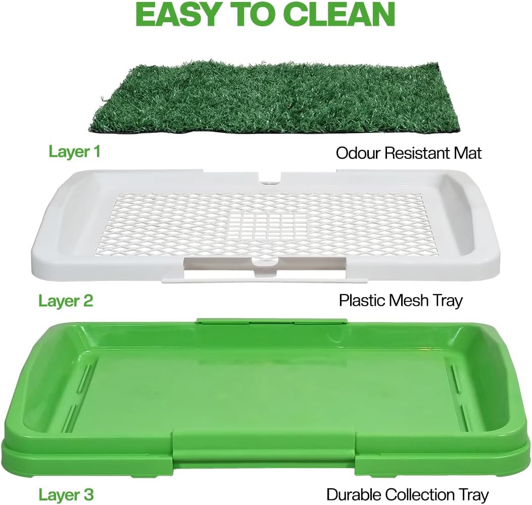 Puppy potty tray with 3-layer design, Odor-resistant mat, Grid, and Base tray, Artificial grass dog toilet for Indoor/Outdoor use, Ideal for Small dogs, Easy to clean, 47 cm (Green)
