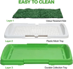 Puppy potty tray with 3-layer design, Odor-resistant mat, Grid, and Base tray, Artificial grass dog toilet for Indoor/Outdoor use, Ideal for Small dogs, Easy to clean, 47 cm (Green)