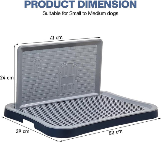 Dog toilet tray for small to medium dogs, Durable plastic dog potty training tray with Pee isolation wall, Grid design, and Portable design, Ideal for Indoor/Outdoor use, 50 cm (Navy-Blue)