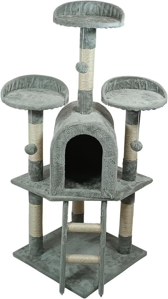 Cat Tree with Curved Perches - 125 cm Cat Tower House - Cat Condos & Cat Scratching Post - Dangling Toys - Premium Pet Tree for Indoor Cats & Kittens - Easy to Assemble (Grey)