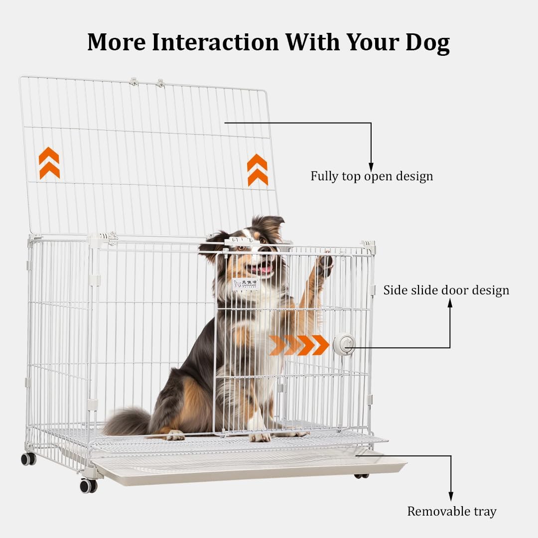 Dog cage crate kennel with Durable metal wire, Open-top design, Secure door lock, Removable tray, and Universal wheels, Heavy-duty dog cage for Large breeds, Ideal for indoor/outdoor 95 cm (White)