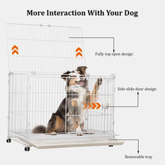 Dog cage crate kennel with Durable metal wire, Open-top design, Secure door lock, Removable tray, and Universal wheels, Heavy-duty dog cage for Large breeds, Ideal for indoor/outdoor 95 cm (White)