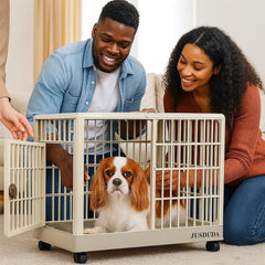 Dog Cage | Durable Plastic Dog Crate for Small & Medium Dogs with Open-top Design | Lockable Door & Universal Wheels, | Dog Kennel for Indoor & Outdoor Use | Easy Assembly (Khaki, Medium)