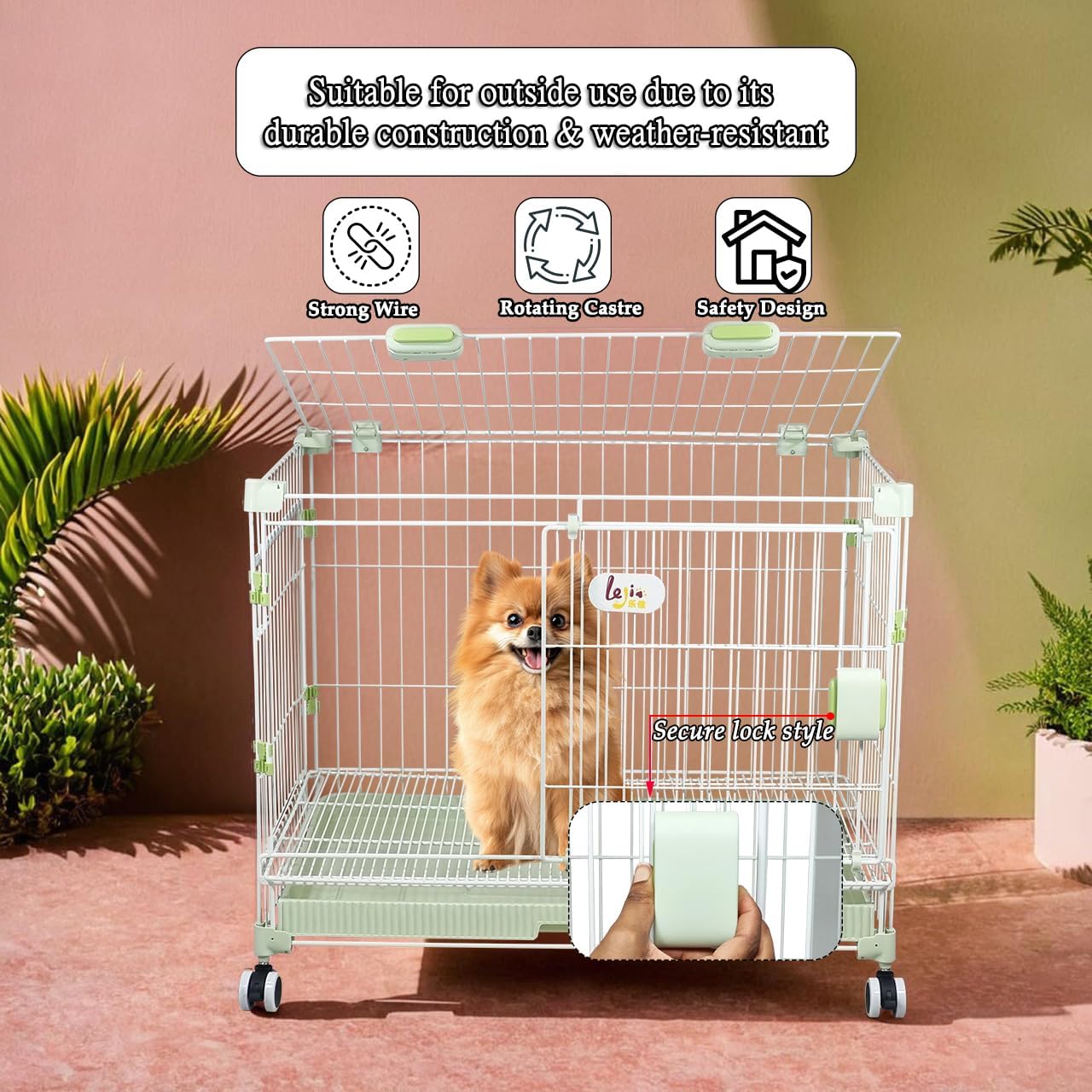 Dog Cage Indoor Large | Heavy-Duty Metal Dog Crate with Double Door Design | Portable Kennel with Pull-Out Tray, Secure Lock & Universal Wheels, Dog Playpen for Small & Medium Dogs, 81cm (Green)