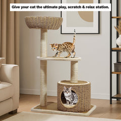 2-Tier Cat tree tower with Handwoven seagrass basket perch, Cozy Condo, and Sisal Scratching Posts, Modern Cat Furniture for Indoor Cats & Kittens, Multi-Level Activity Center