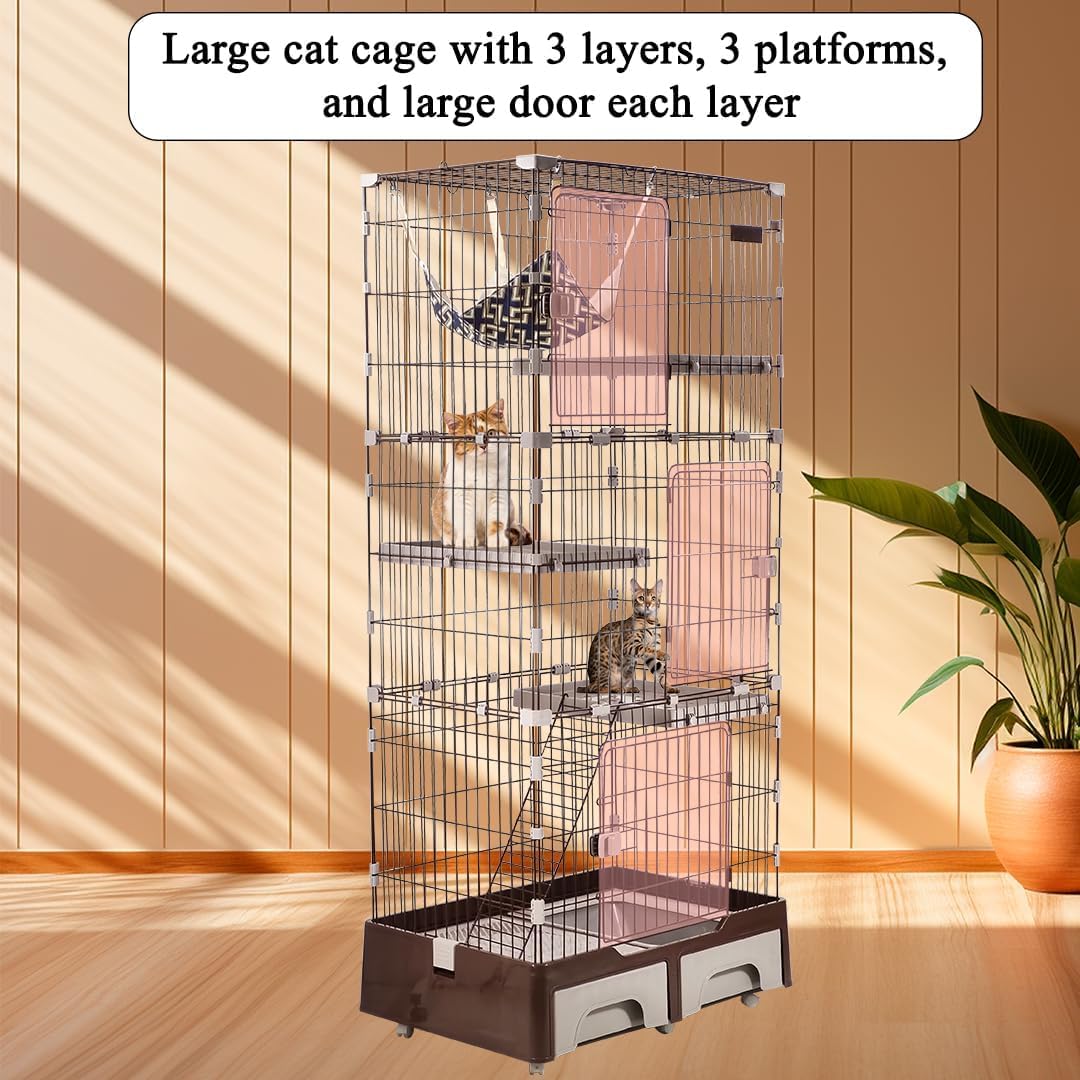NNC PETS Large Cat Cage Indoor - 4-Tier Multi-Level Cat Crate Kennel with Hammock, Plastic Perches, Climbing Ladder, Litter Box Area & Universal Wheels, 81L x 56W x 186H cm (Chocolate, Large)