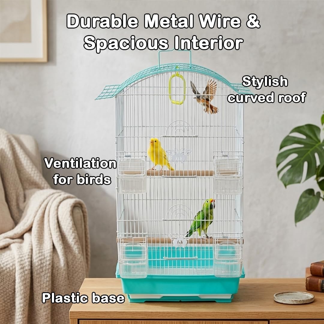 Small Bird Cage with Perches, Feeders and Swing, Ideal for Parakeets, Lovebirds, and Small Parrots, 62 cm Metal Cage with Hanging, Pull-out Tray, Portable, Durable and Top-Roof Design (Cyan)
