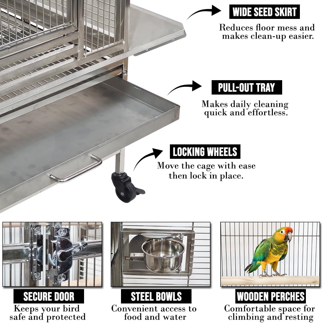 Large parrot cage with Stand, Stainless steel, and Feeding bowl with doors, 153 cm Top play bird cage for Macaw, Cockatoo, and medium to large birds, Indoor-outdoor use, Tray and Wheels (Grey)