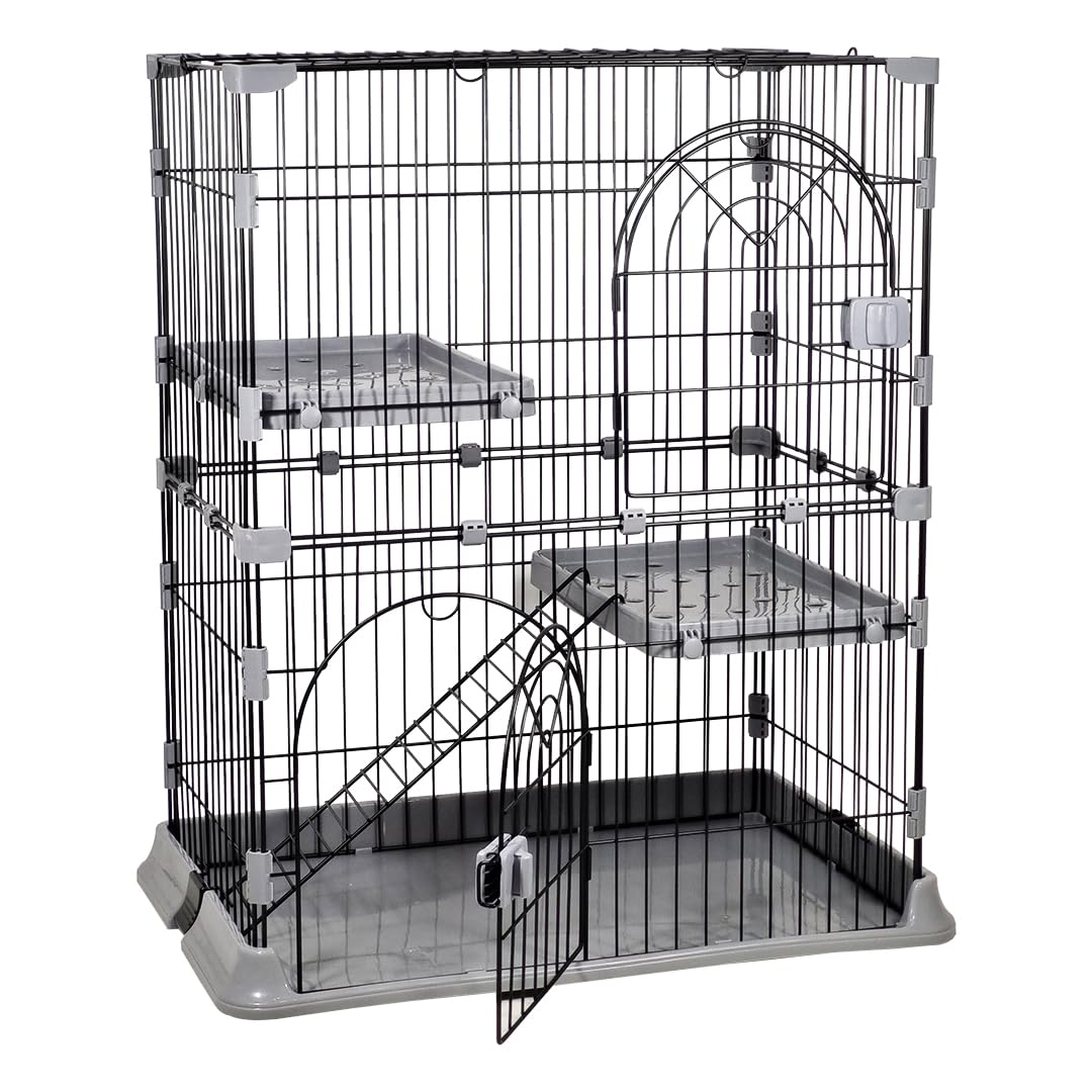 NNC PETS Cat Cage Kennel with 2-lockable Doors - 2-Tiier Metal Wire Pet Cat House Playpen for Indoor Cats - Cozy Hammock, Climbing Ladder, Drawer Tray & Universal Wheels, Easy Assembly (Grey, 88 cm)