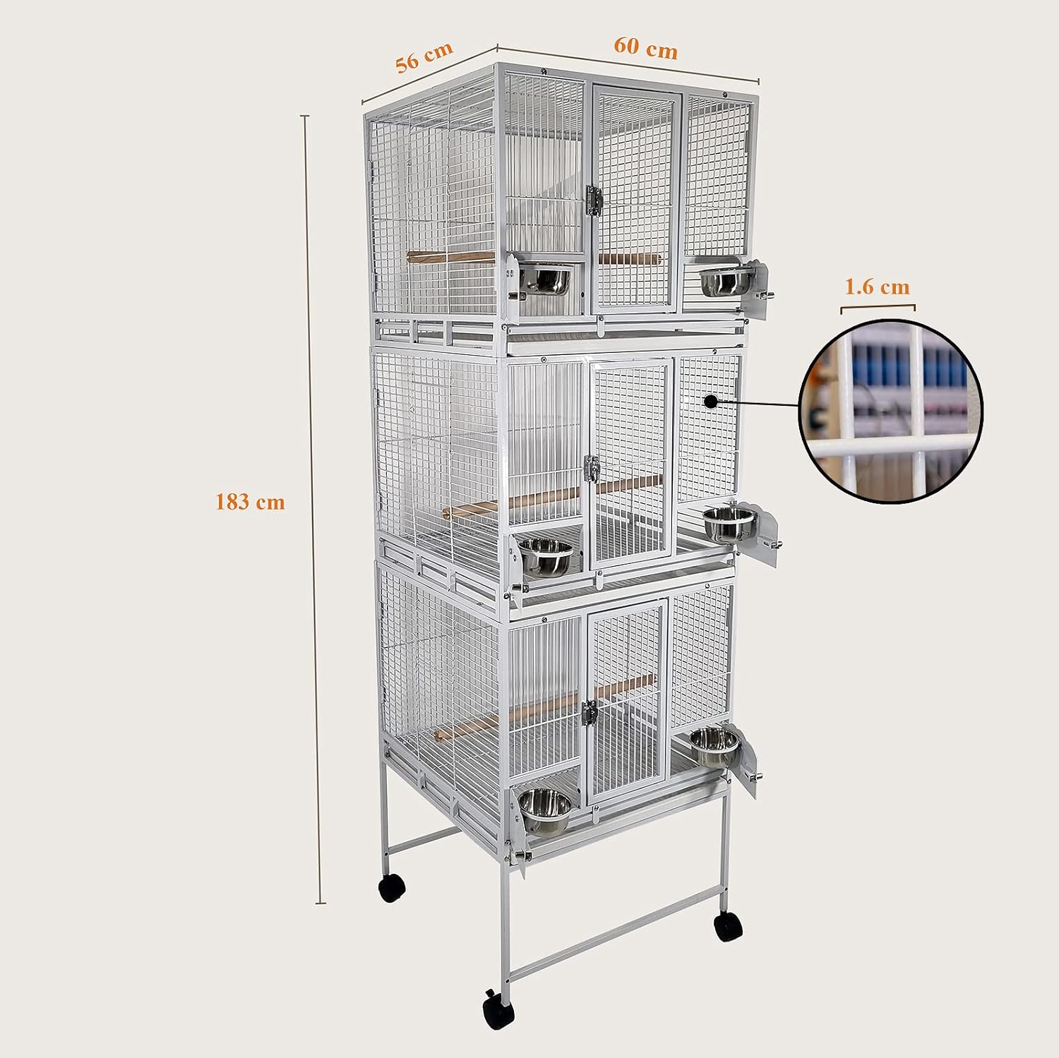 Bird cage, Multi-level bird cage with Wooden perches, Stainless steel food bowls, Removable tray, and Caster wheels, Spacious metal bird cage, Ideal for bird breedings 183 cm (White)
