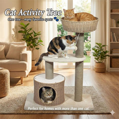 Cat tree with Scratching Post, Wicker basket, Hand-woven condo, and Dangling ball, 97 cm Indoor cat furniture for all cats, Multi-level cat tree, Easy assembly, & Cat climbing tower (Beige)