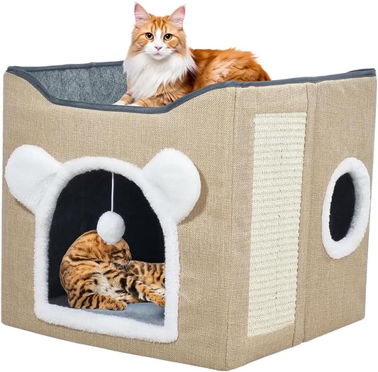 Cat house bed with 2-tier bed design, Sisal scratching post, Detachable washable mat, Plush hanging ball, Foldable design, and Anti-slip design, Ideal for indoor cats & kittens, 39 cm