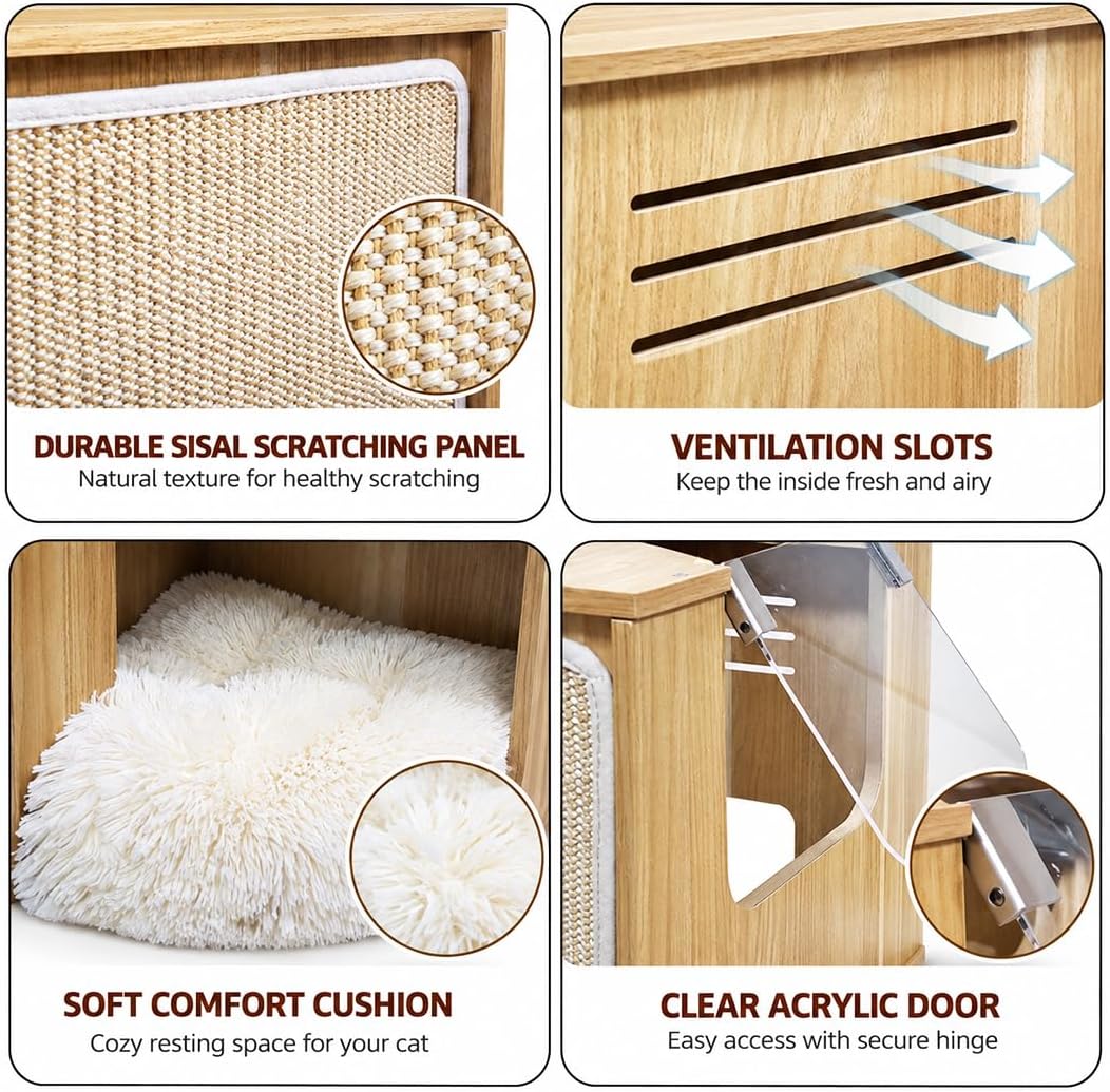 Wooden Cat Tree House with Sisal Scratching Panel, Soft Cushion, Clear Acrylic Door and Ventilation Slots, Indoor Cat Condo, 50 cm, (Beige)