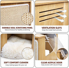 Wooden Cat Tree House with Sisal Scratching Panel, Soft Cushion, Clear Acrylic Door and Ventilation Slots, Indoor Cat Condo, 50 cm, (Beige)