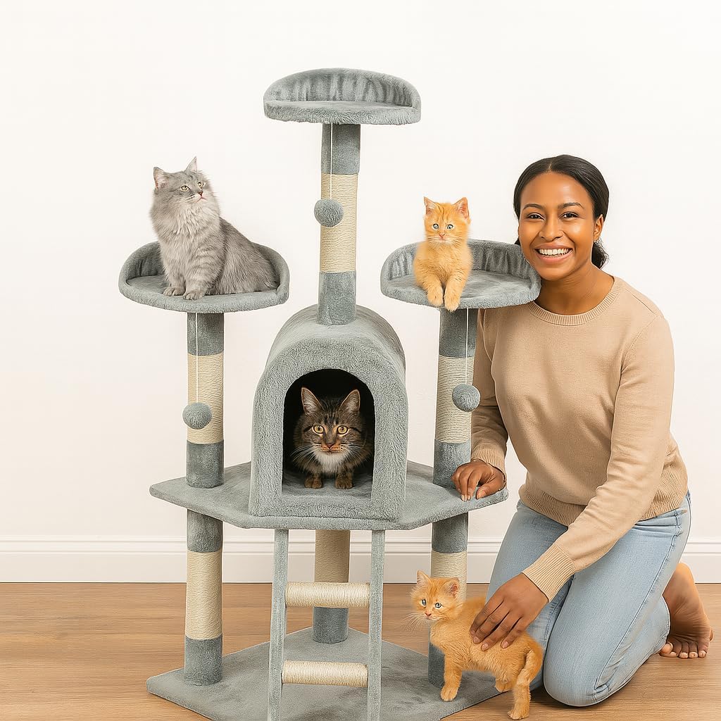 Cat Tree with Curved Perches - 125 cm Cat Tower House - Cat Condos & Cat Scratching Post - Dangling Toys - Premium Pet Tree for Indoor Cats & Kittens - Easy to Assemble (Grey)