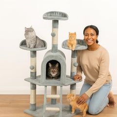 Cat Tree with Curved Perches - 125 cm Cat Tower House - Cat Condos & Cat Scratching Post - Dangling Toys - Premium Pet Tree for Indoor Cats & Kittens - Easy to Assemble (Grey)
