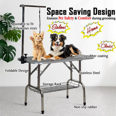 Foldable Pet Grooming Table with Non-slip surface, Folding crossbeams, and Portable Beauty station for small to medium pets, Space saving design, Storage Basket, Adjustable Arm & Noose, 152 cm (Black)