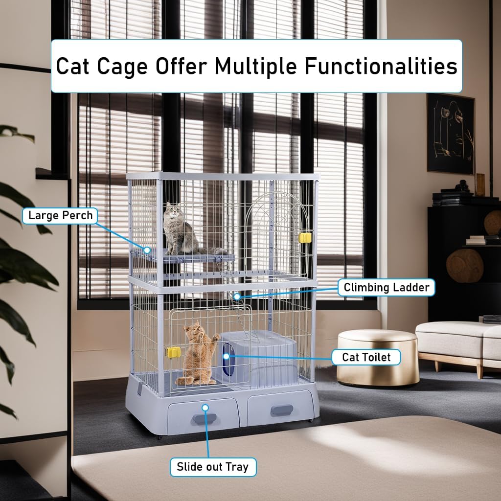 Cat cage enclosure with 2 Lockable doors, Wide platform, Climbing ladder, Litterbox area, and Universal wheels, Durable metal wire cat cage for indoor/outdoor use, Easy to assemble 130 cm (Blue)