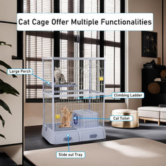 Cat cage enclosure with 2 Lockable doors, Wide platform, Climbing ladder, Litterbox area, and Universal wheels, Durable metal wire cat cage for indoor/outdoor use, Easy to assemble 130 cm (Blue)