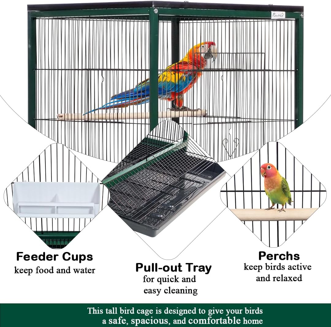 Spacious Dual Bird Cage with Durable and Vertical Design, 143 cm Parrot cage with 4 Wheels, Trays, and Wooden Perches, Partition cage for Indoor-Outdoor use, and Easy to clean (Green)