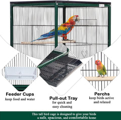 Spacious Dual Bird Cage with Durable and Vertical Design, 143 cm Parrot cage with 4 Wheels, Trays, and Wooden Perches, Partition cage for Indoor-Outdoor use, and Easy to clean (Green)