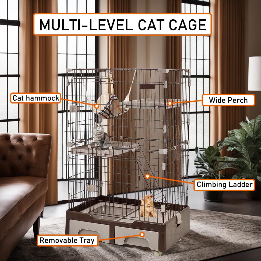 Cat cage playpen for Multi-cat household, 3-tier cat cage with Cozy hammock, Wide platform, Climbing ladder, Build-in litter box, and Universal wheels, Ideal for indoor/outdoor use 133 cm (Chocolate)