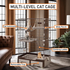 Cat cage playpen for Multi-cat household, 3-tier cat cage with Cozy hammock, Wide platform, Climbing ladder, Build-in litter box, and Universal wheels, Ideal for indoor/outdoor use 133 cm (Chocolate)