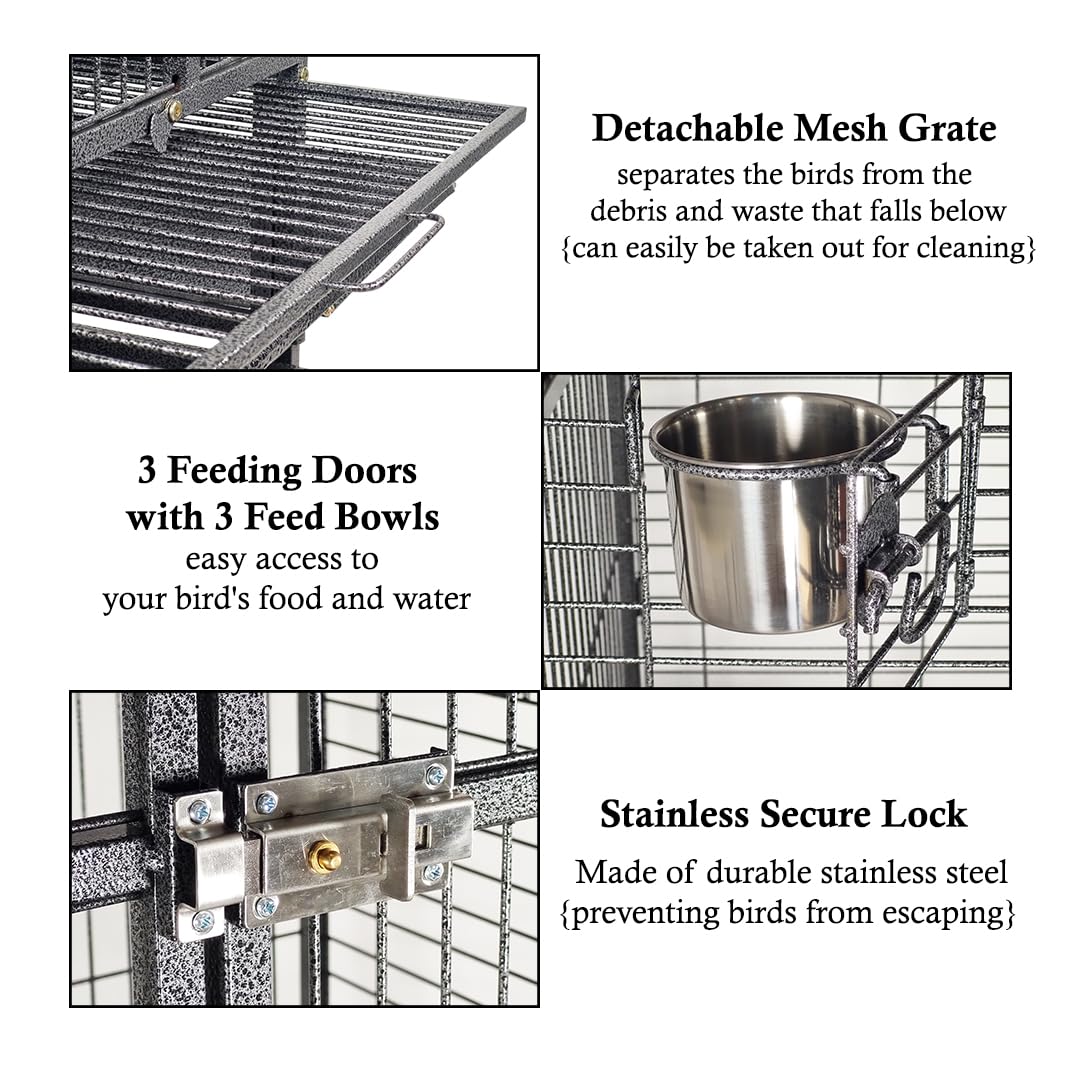 Bird Cage Large with Open-Top Design, Parrots, Parakeet, Macaw | Feeding Bowls & Wooden Perches | Removable Tray & Universal Wheels | Suitable for All Birds