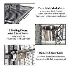 Bird Cage Large with Open-Top Design, Parrots, Parakeet, Macaw | Feeding Bowls & Wooden Perches | Removable Tray & Universal Wheels | Suitable for All Birds