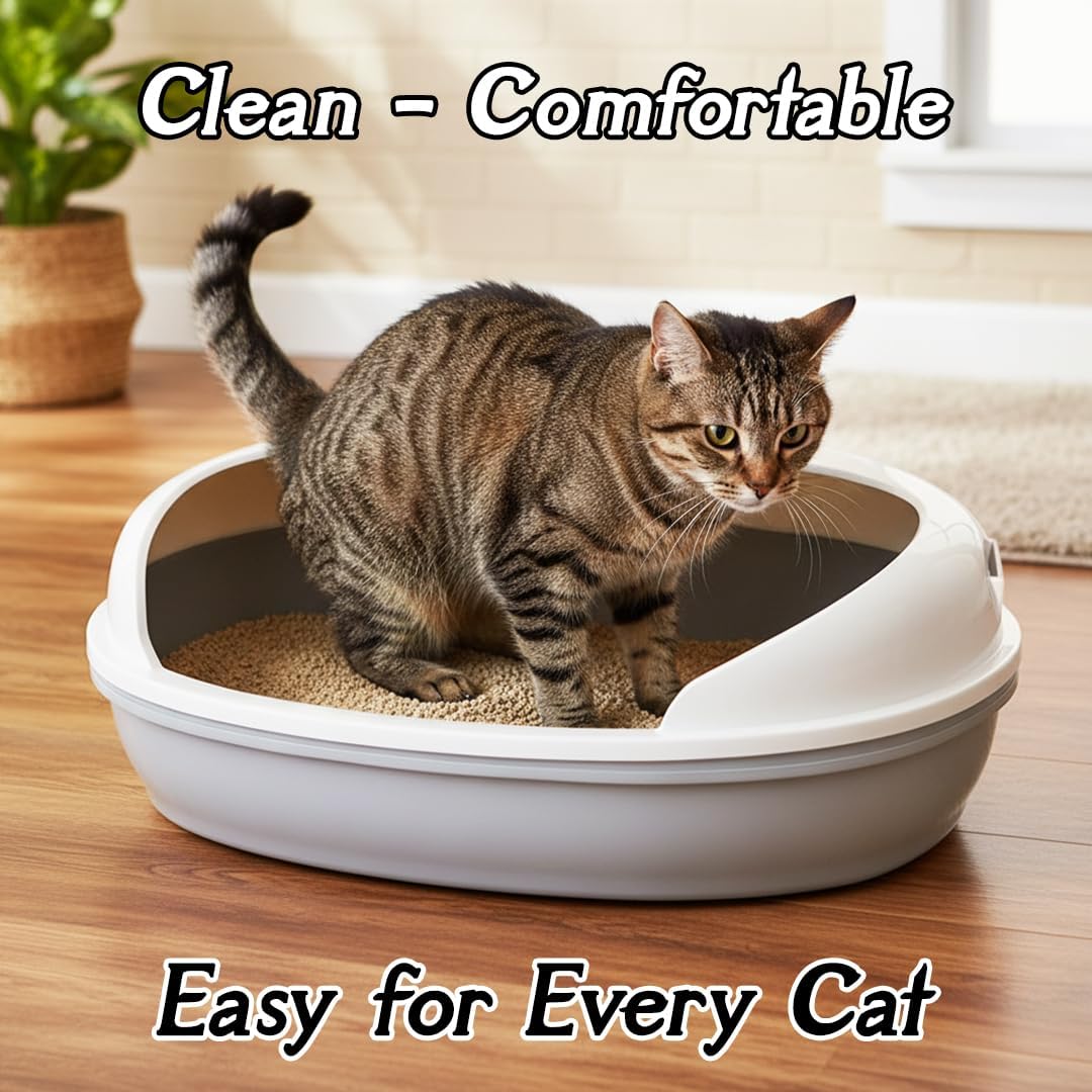 Semi open cat litter box with Durable plastic material, Splash guard, Stable base and Air ventilation design, Pet waste tray with Scoop, high fence, Indoor-outdoor use, and Detachable