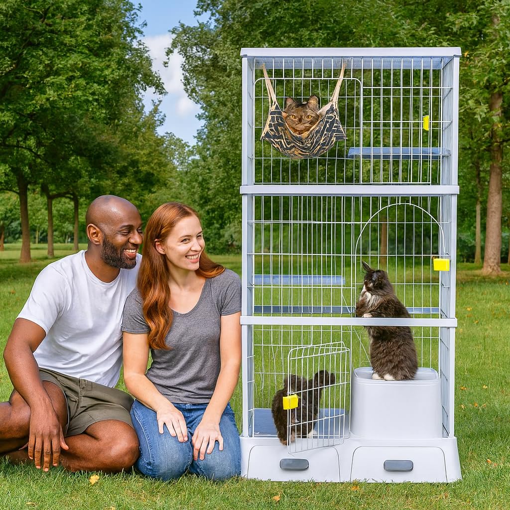 NNC PETS Large Cat Cage for Indoor & Outdoor Use, 3-Tier Metal Wire Cage with 2 Lockable Doors, Climbing Ladder, Litter Box Area & Wheels, Ideal Multi-Cat Households, Easy Assembly 184 cm (Blue)