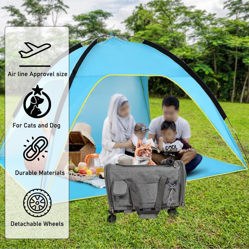 Pet stroller bag, Multifunctional cat & dog rolling luggage bag with Ventilated design, Telescopic handle, Side pockets, Shoulder straps, and Detachable roller wheels, Airline approved 90 cm (Grey)