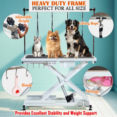 Electric Pet Grooming Table with Foot pedal, Power outlets & USB, Tool Hook and Storage, 191 cm Dog grooming station with Electric motor, Non-slip & Replaceable surface, Height adjustable (White)