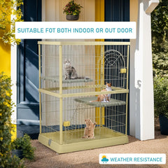 Cat cage for indoor & outdoor, Durable 2-tier metal wire cat cage with 2 lockable doors, Wide platforms, Climbing ladder, and Universal wheels, Suitable for Multi-cat household 120 cm (Yellow)