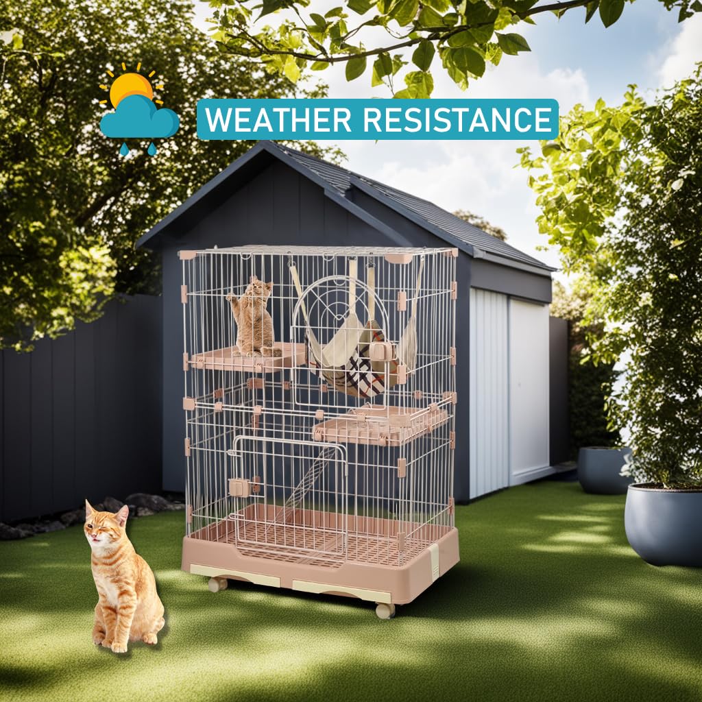 NNC PETS Large Cat Cage Indoor with Cozy Hammock - 2-Tier Metal Wire Cat Crate with 2 Lockable Doors - Climbing ladder, Removable Tray & Universal Wheels - Easy Assembly, 102 cm (Pink, Medium)