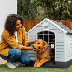 Dog House Outdoor & Indoor Use | Plastic Durable Waterproof & Weatherproof Designed Dog Home | All-Season Shelter with Air Vents, Lockable Door & Elevated Floor, Easy To Assemble (Grey, 70cm)