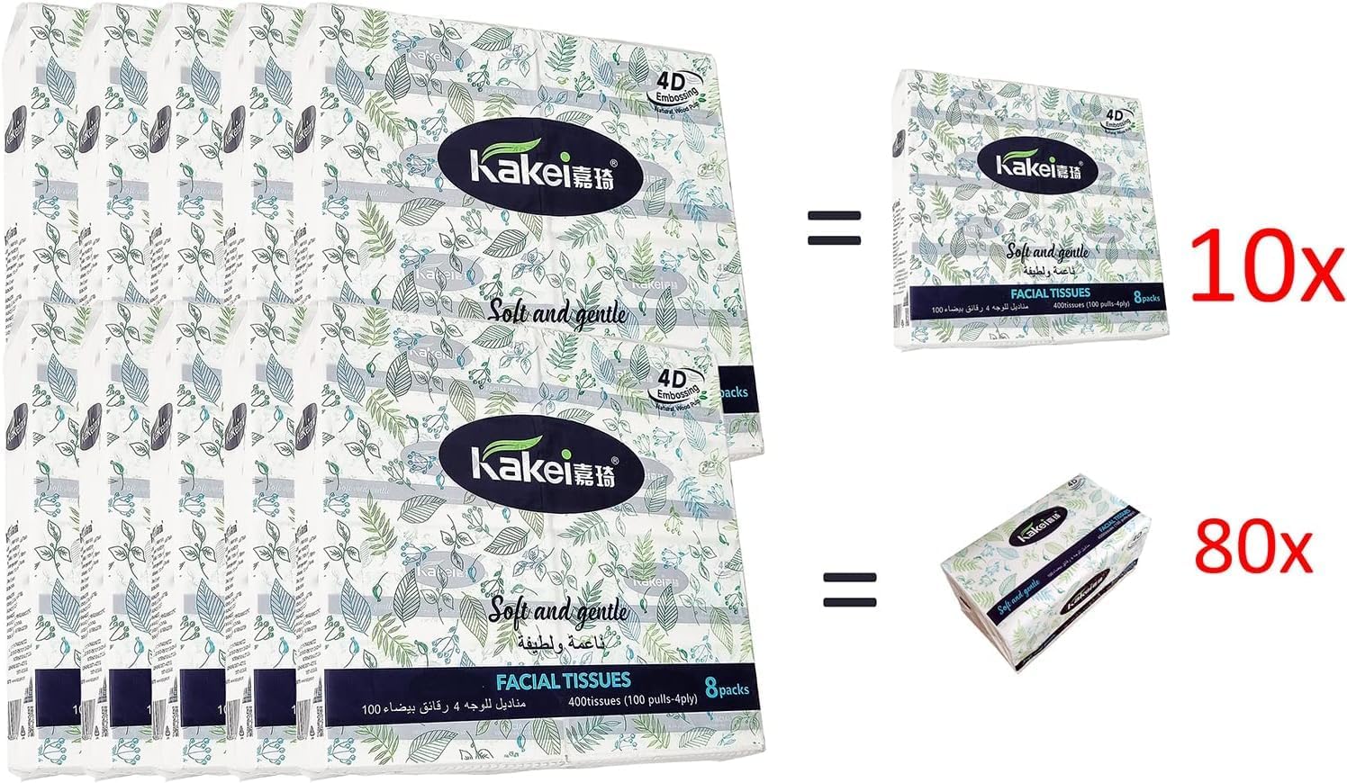 KAKEI Facial Tissue Boxes | 80Pcs Boxes with 4ply Natural Wood Pulp | 10 Pack - 100 Sheets | Eco-Friendly Material, Durable & Absorbent Cleaning Tower for Home, Office and Outdoor Use, (Pack of 10)