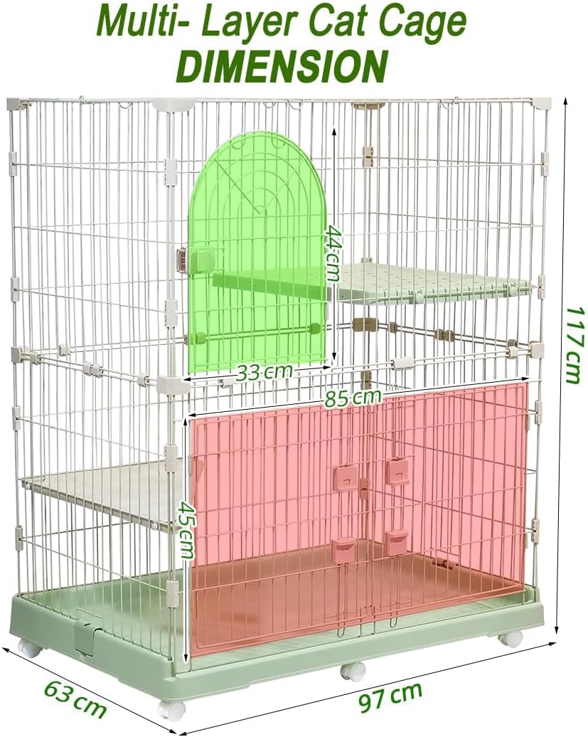 Cat Cage with Universal Wheels, Wide Main Door, Durable and Sturdy Metal Wire, 98 cm Dog Cage with Secure Lock, Easy to Assemble, Indoor-Outdoor Cat Kennel, Ideal for All Size of Pets, Green
