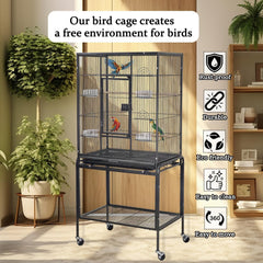 Bird Cage for Small to Medium-Sized Birds - Bird House & Parrot Cage - Detachable Rolling Stand, Wooden Perches, Feeding Cups, Slide-Out Tray, Storage Shelf, and Universal Wheels - 135 cm