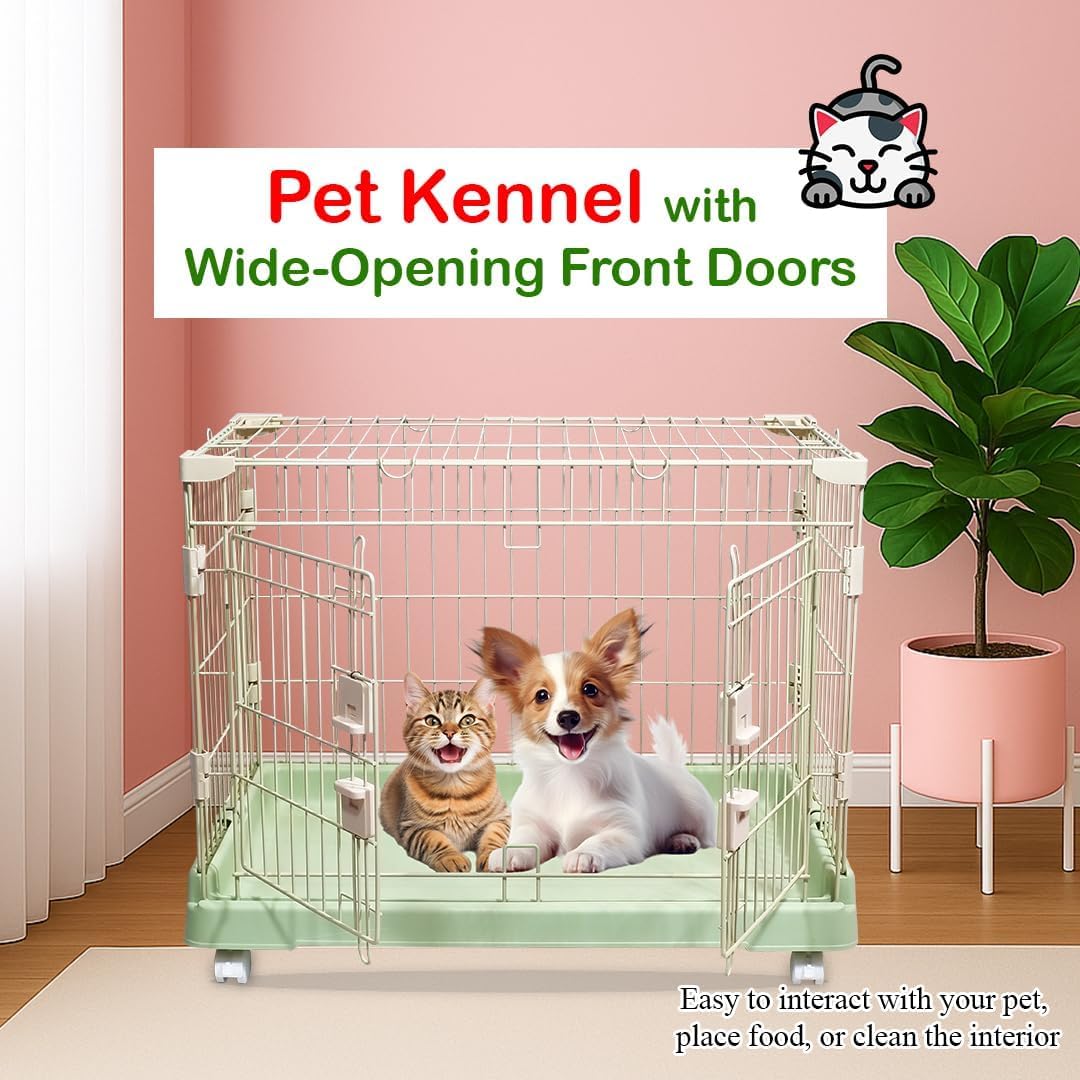 Cat Cage with Universal Wheels, Wide Main Door, Durable and Sturdy Metal Wire, 71 cm Dog Cage with Secure Lock, Easy to Assemble, Indoor-Outdoor Cat Kennel, Ideal for Small to Medium Pets, Green