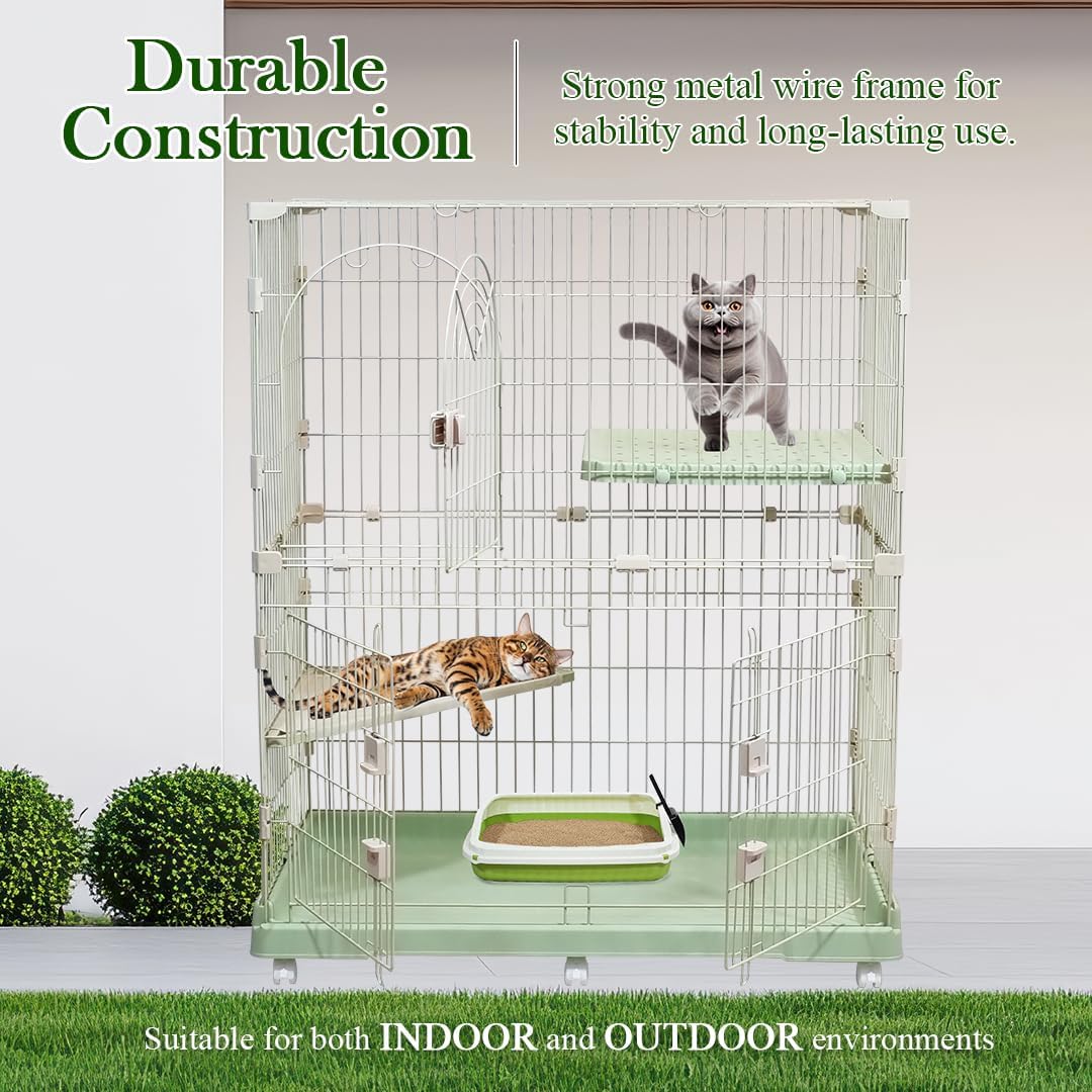 2-Tier Cat Cage with Locking Wheels, Wide Shelves, Multi-Access Door, and Sturdy Metal Wire, 117 cm Cat Playpen for Indoor-Outdoor Use, Durable Pet Crate, Easy to Assemble and Easy to Clean, (Green)