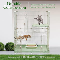 2-Tier Cat Cage with Locking Wheels, Wide Shelves, Multi-Access Door, and Sturdy Metal Wire, 117 cm Cat Playpen for Indoor-Outdoor Use, Durable Pet Crate, Easy to Assemble and Easy to Clean, (Green)