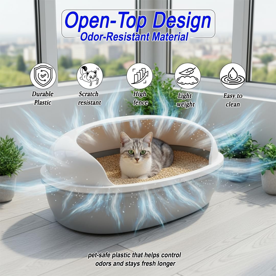 Semi open cat litter box with Durable plastic material, Splash guard, Stable base and Air ventilation design, Pet waste tray with Scoop, high fence, Indoor-outdoor use, and Detachable