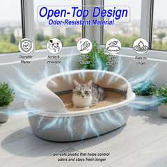 Semi open cat litter box with Durable plastic material, Splash guard, Stable base and Air ventilation design, Pet waste tray with Scoop, high fence, Indoor-outdoor use, and Detachable