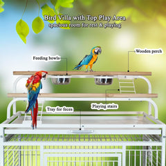 Bird Cage Indoor Large with Open-Top Design - Multiple Perches, Plastic Food Cups, Slide-out Tray & Universal Wheels, Metal Cage for Parrot, Canaries, Lovebirds & Other Birds (White, Extra Large)