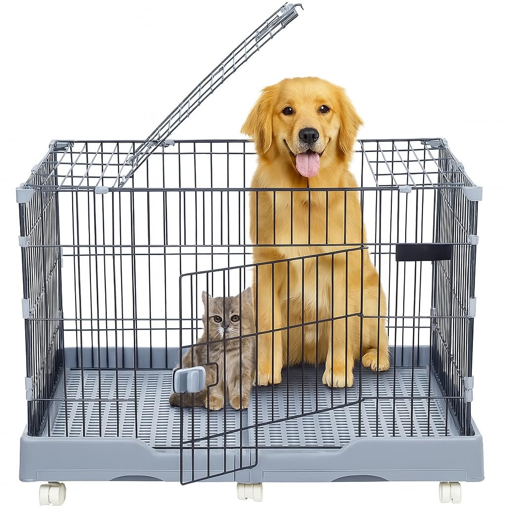 NNC PETS Pet Cage for Cat & Dogs | Dog Cage Playpen with Open-Top Design, Metal Wire, Lockable Door, Removable Tray & Universal Wheels | Ideal for Indoor/Outdoor | Easy to Assemble