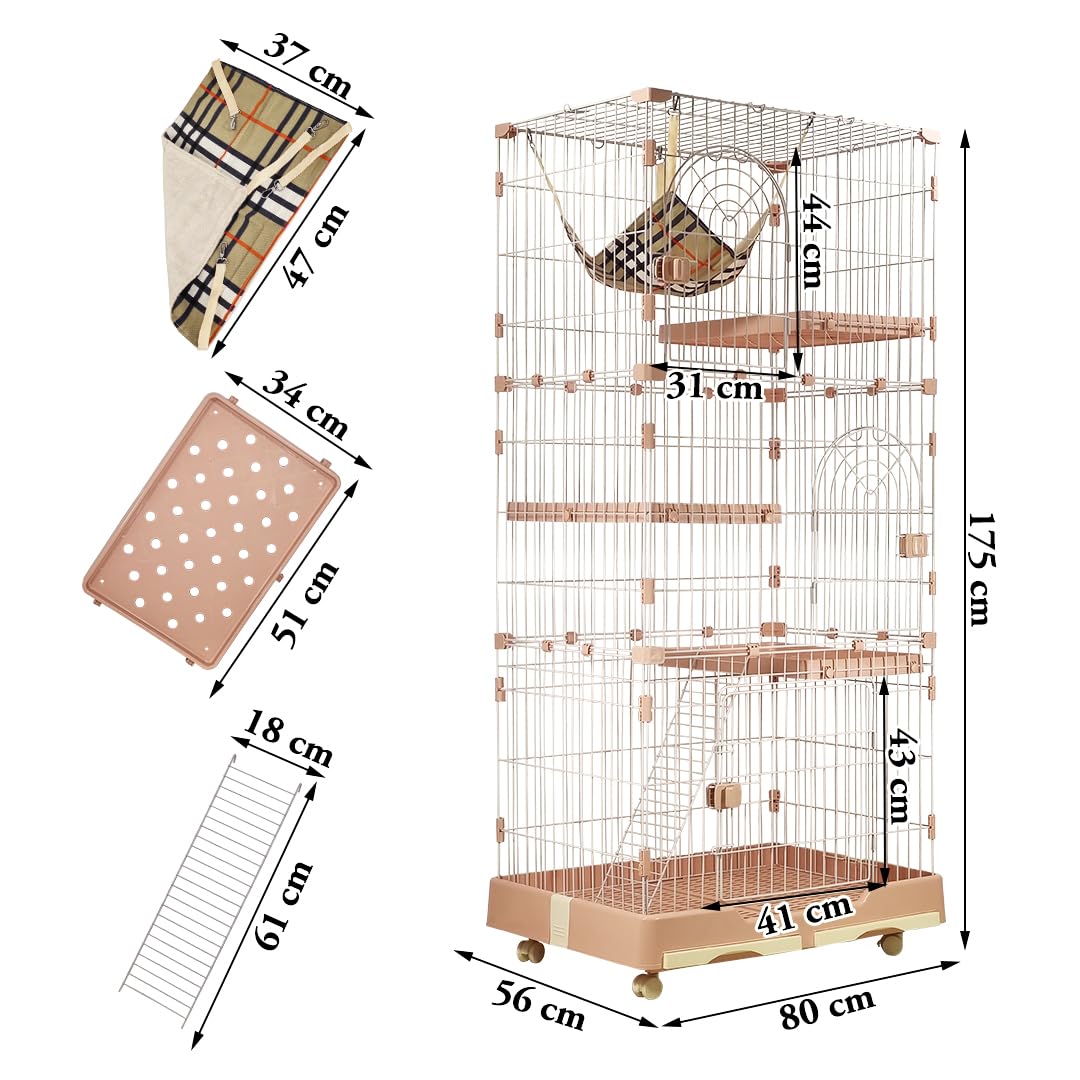 NNC PETS Large Cat Cage for Indoor Cats & Kittens, 3-Tier Metal Wire Cat Crate Kennel with Hammock, 3 Lockable Doors, Climbing ladder, Slide-out Tray & Universal Wheels, 175 cm(Light Pink, Large)
