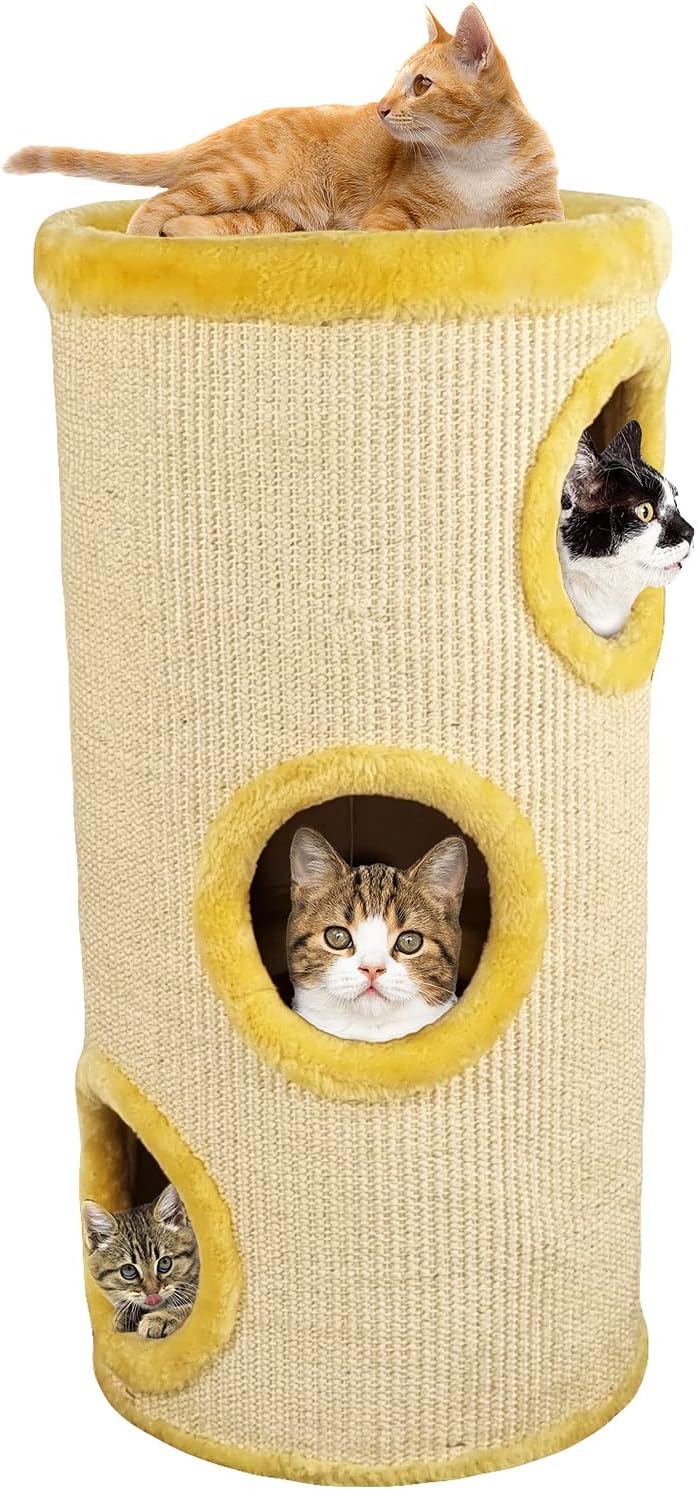 Cylinder cat tree activity center for indoor cats, Multi-level cat climbing tree with Dangling ball, Sisal scratching post, and Comfortable cat beds, Easy to assemble 75 cm (Yellow)
